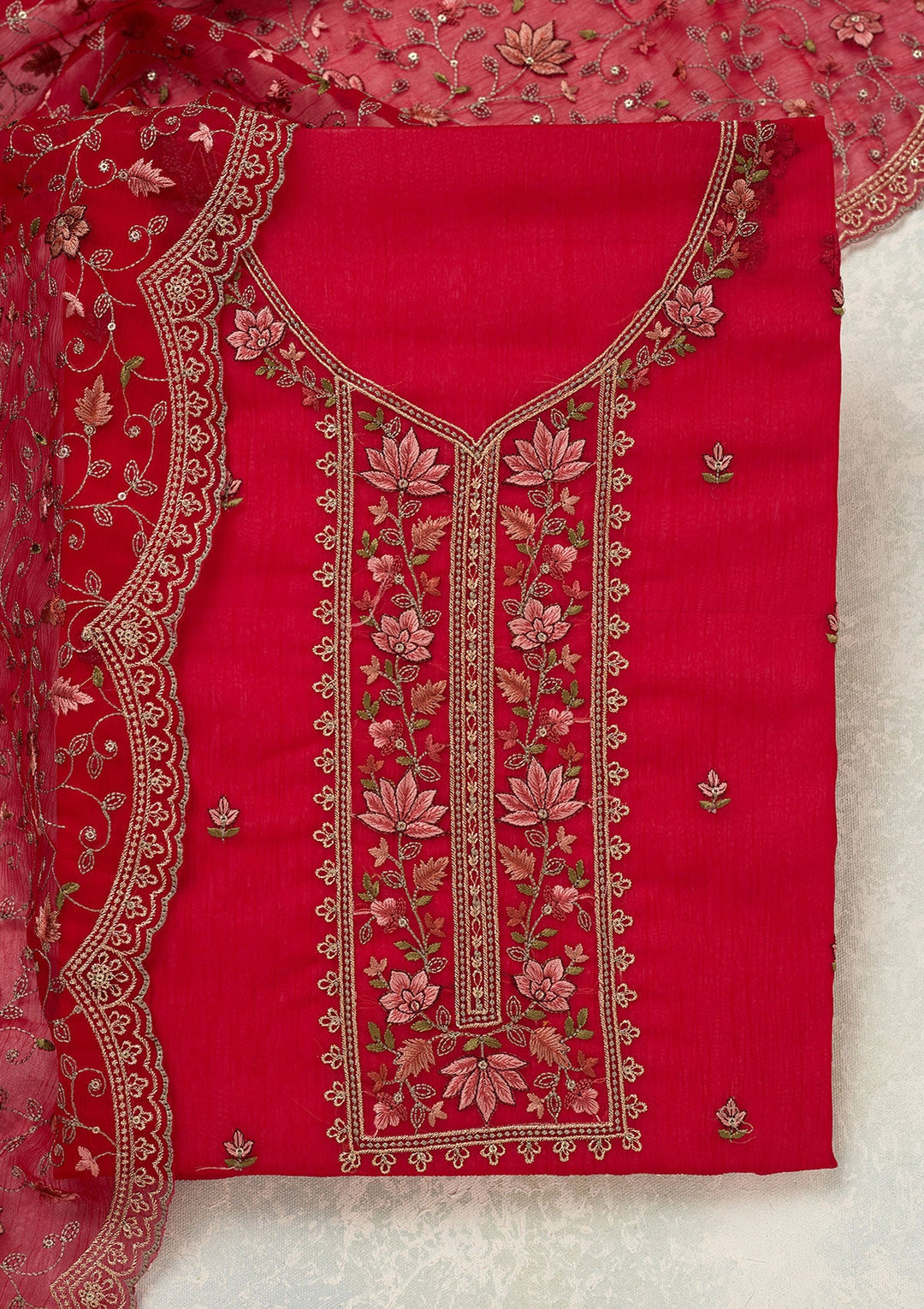 Rani Pink Threadwork Tissue Unstitched Salwar Suit