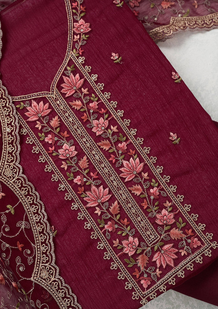 Wine Threadwork Tissue Unstitched Salwar Suit