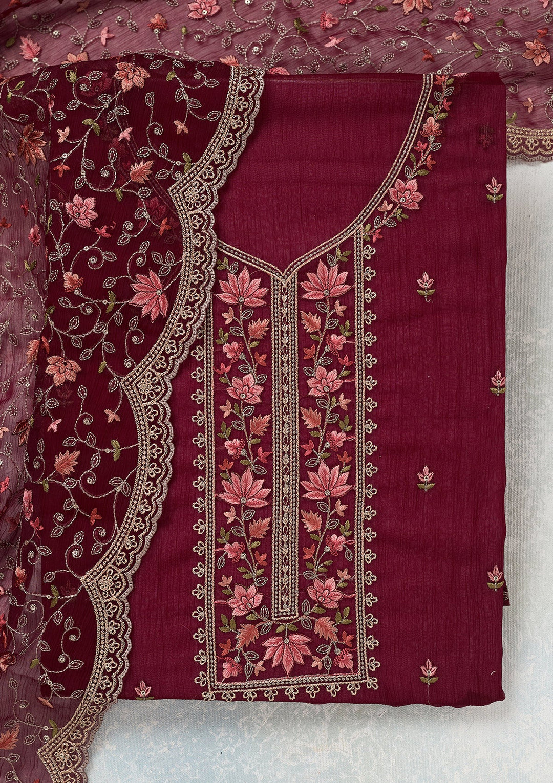 Wine Threadwork Tissue Unstitched Salwar Suit