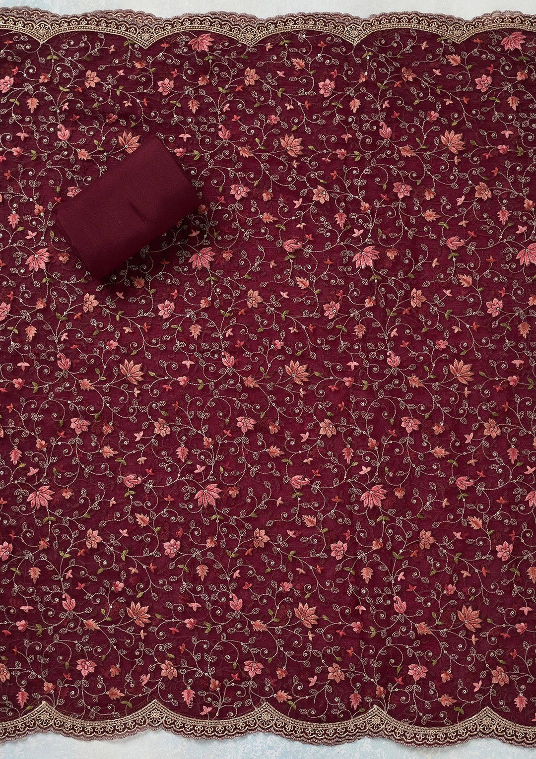 Wine Threadwork Tissue Unstitched Salwar Suit