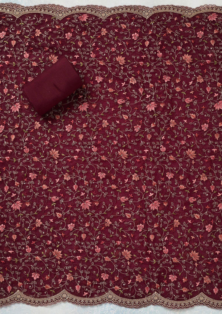 Wine Threadwork Tissue Unstitched Salwar Suit