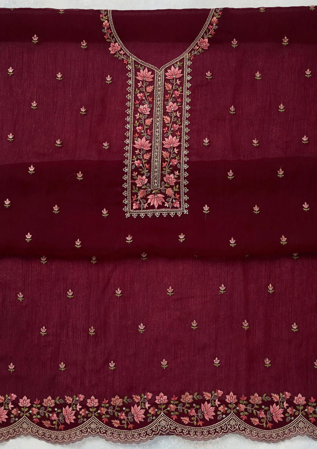 Wine Threadwork Tissue Unstitched Salwar Suit