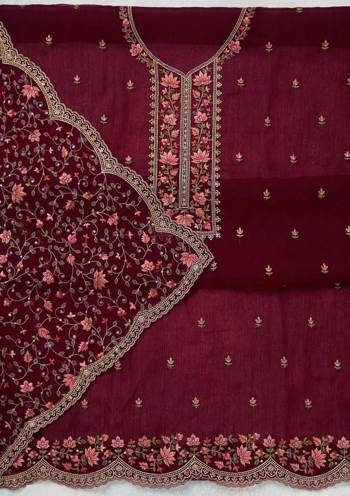Wine Threadwork Tissue Unstitched Salwar Suit