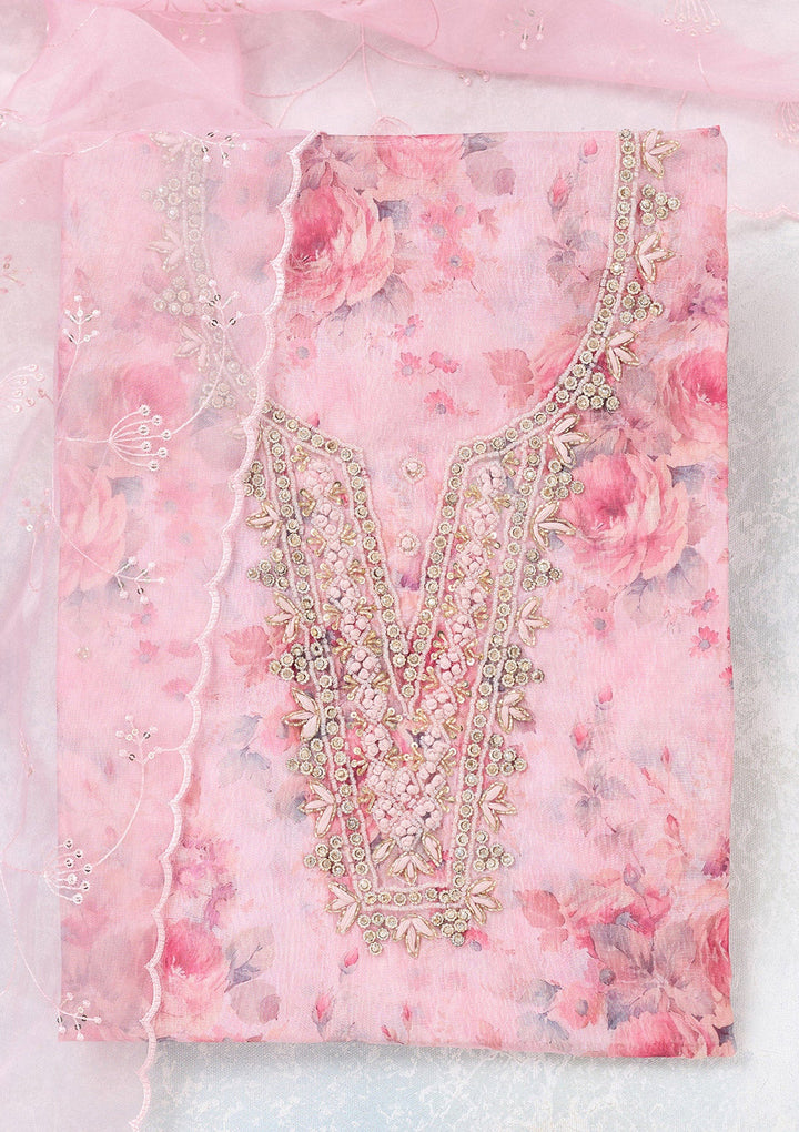 Baby Pink Aariwork Tissue Unstitched Salwar Suit-koskii