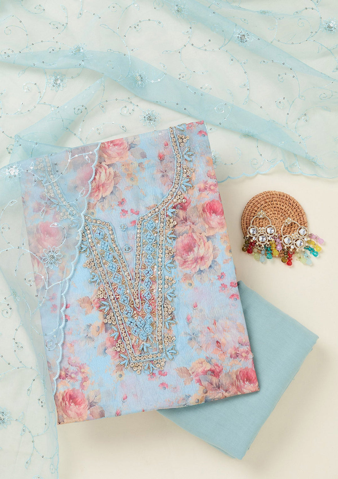 Sky Blue Aariwork Tissue Unstitched Salwar Suit-koskii