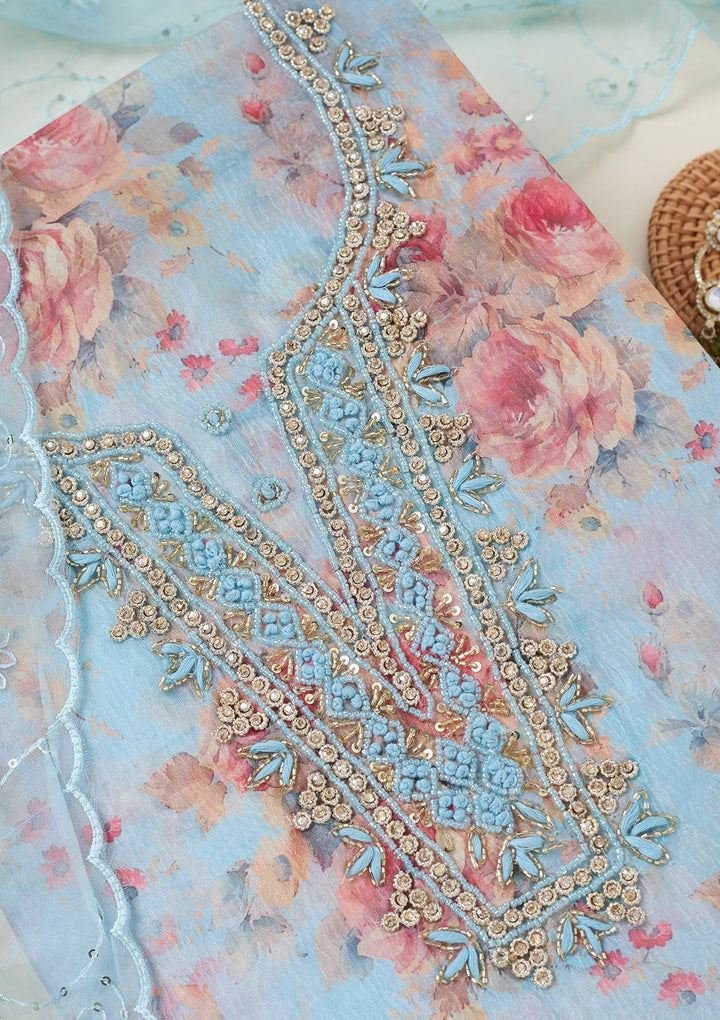 Sky Blue Aariwork Tissue Unstitched Salwar Suit-koskii