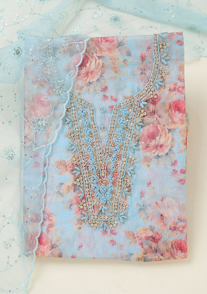 Sky Blue Aariwork Tissue Unstitched Salwar Suit-koskii