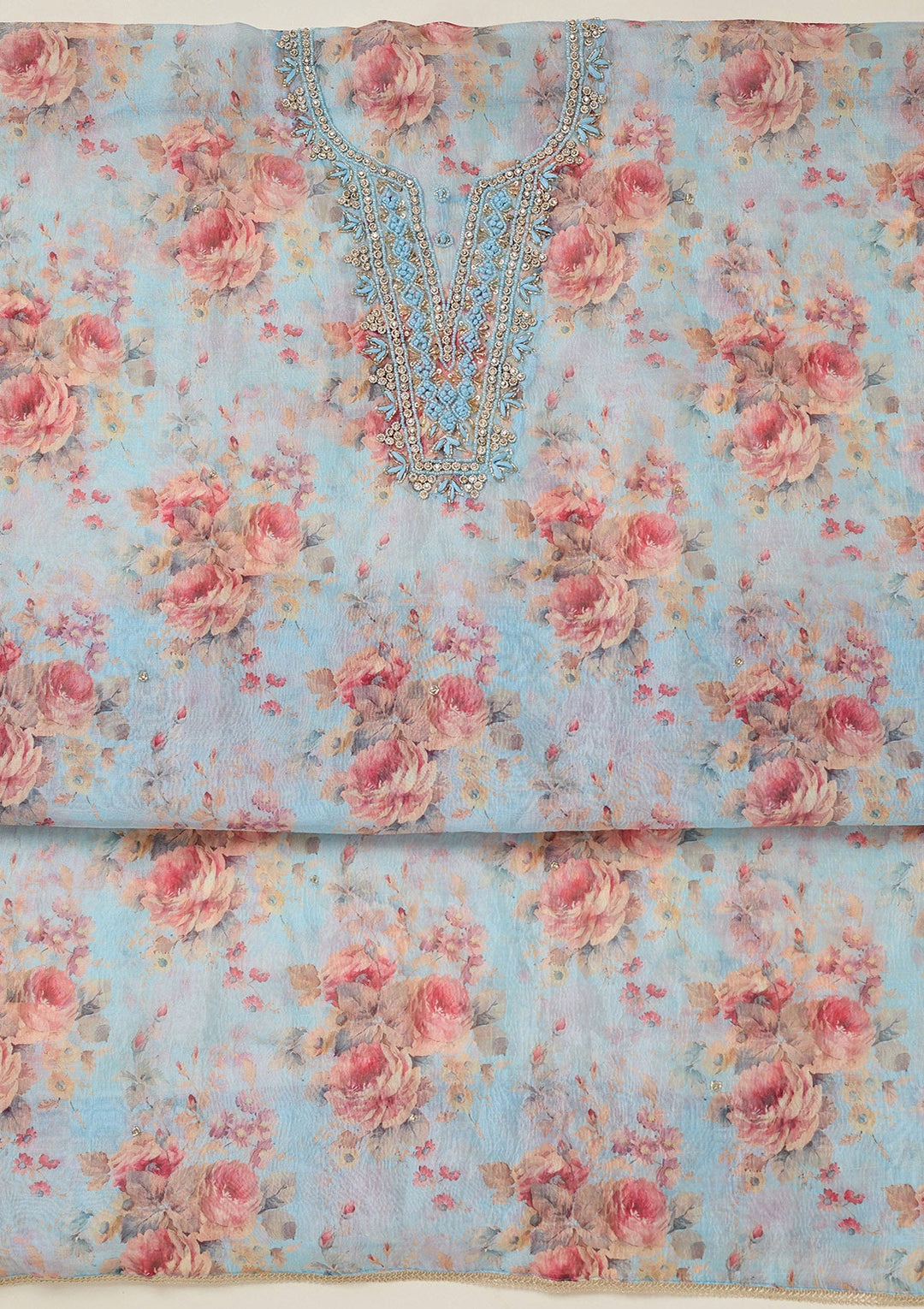 Sky Blue Aariwork Tissue Unstitched Salwar Suit-koskii