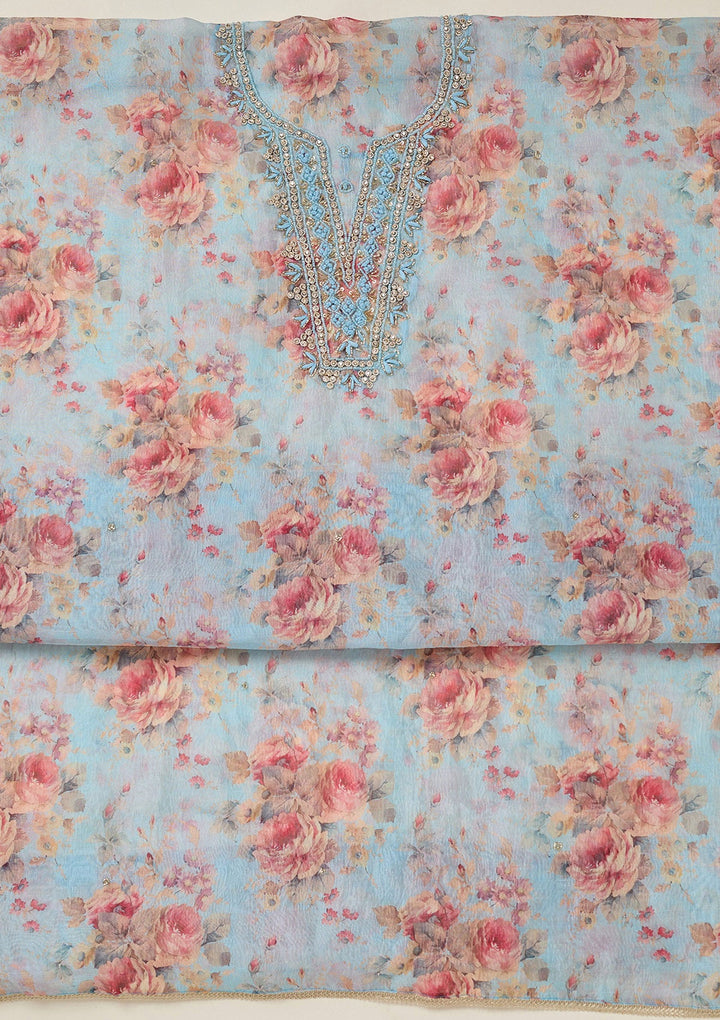 Sky Blue Aariwork Tissue Unstitched Salwar Suit-koskii