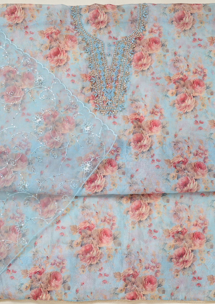 Sky Blue Aariwork Tissue Unstitched Salwar Suit-koskii