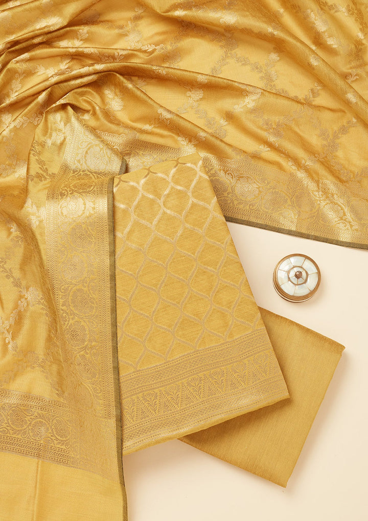 Lime Green Zariwork (Gold) Silk Unstitched Salwar Suit