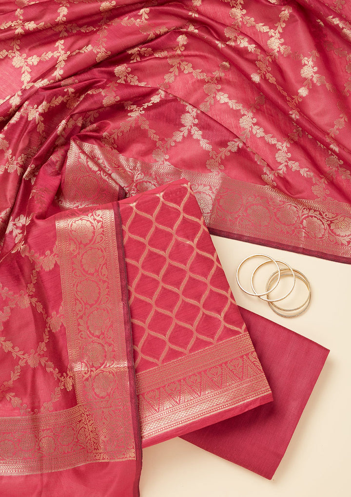 Magenta Pink Zariwork (Gold) Silk Unstitched Salwar Suit