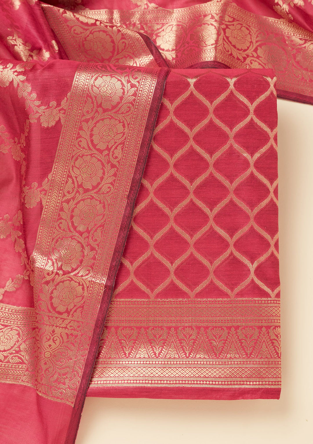 Magenta Pink Zariwork (Gold) Silk Unstitched Salwar Suit