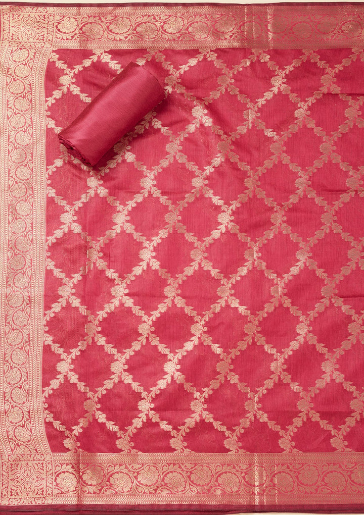 Magenta Pink Zariwork (Gold) Silk Unstitched Salwar Suit