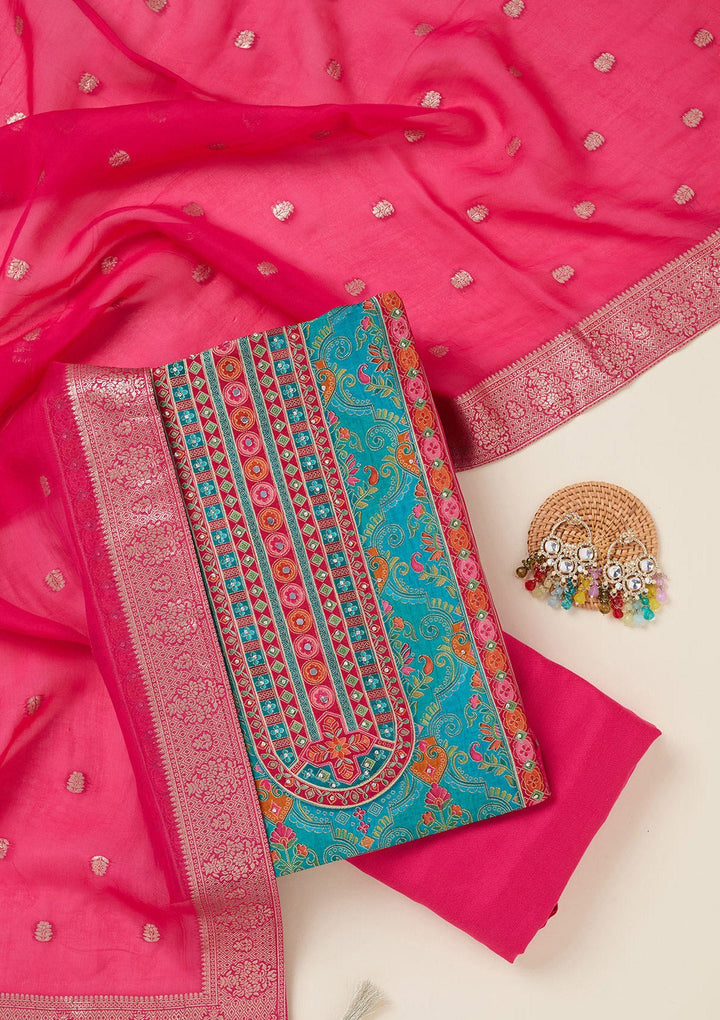 Rama Green Zariwork Dola Silk Unstitched Salwar Suit-koskii