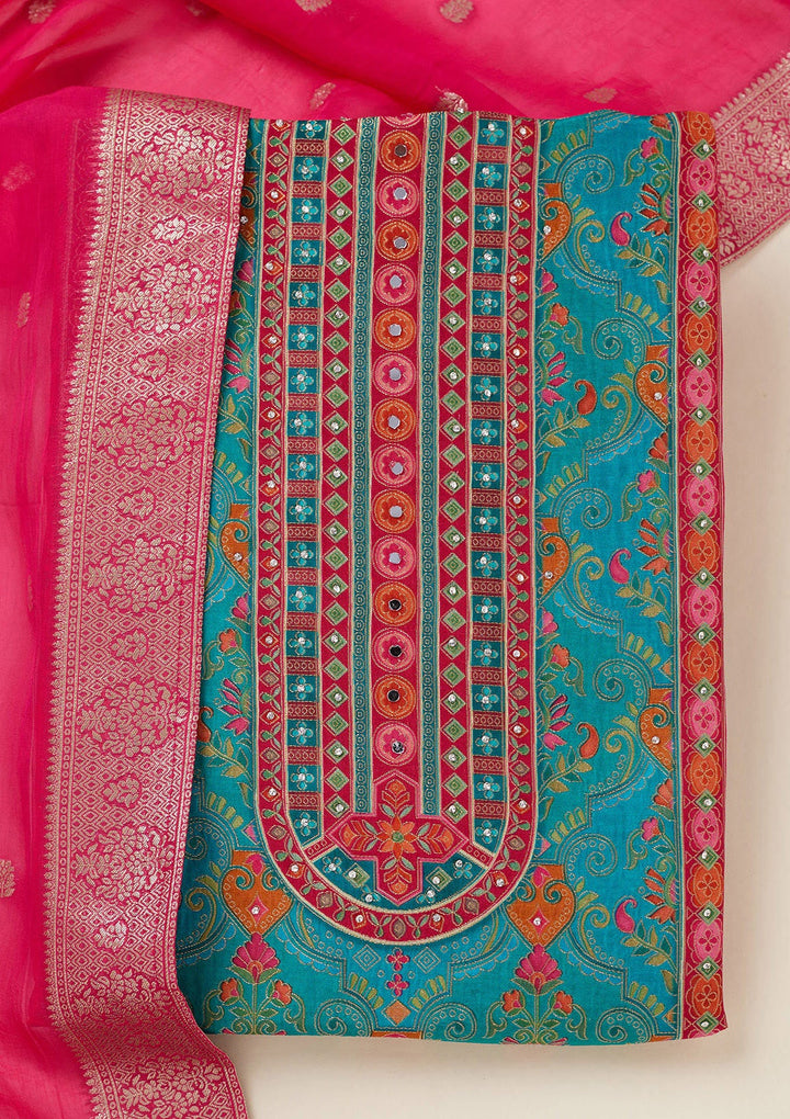 Rama Green Zariwork Dola Silk Unstitched Salwar Suit-koskii