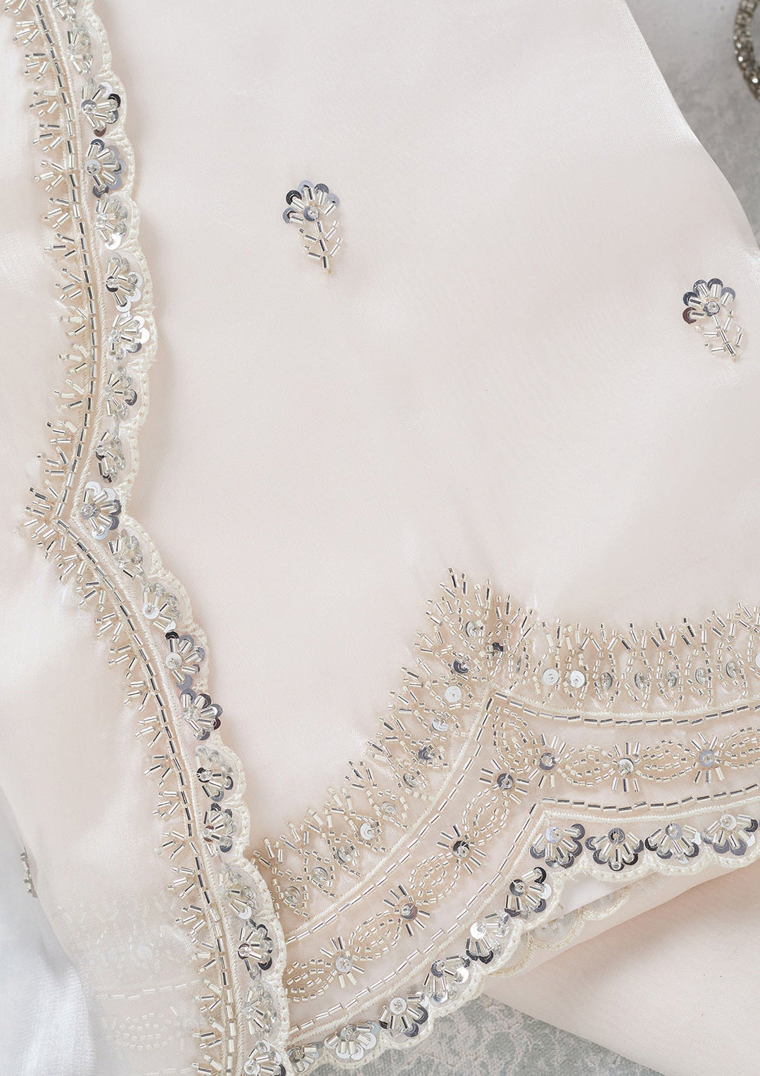 Off White Cutdana Tissue Unstitched Salwar Suit-koskii