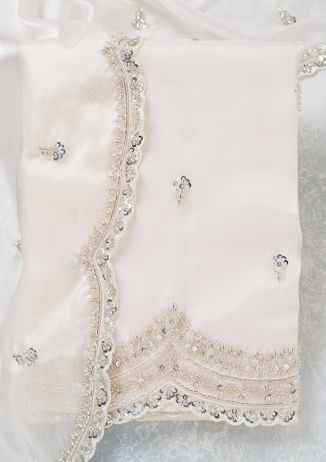 Off White Cutdana Tissue Unstitched Salwar Suit-koskii