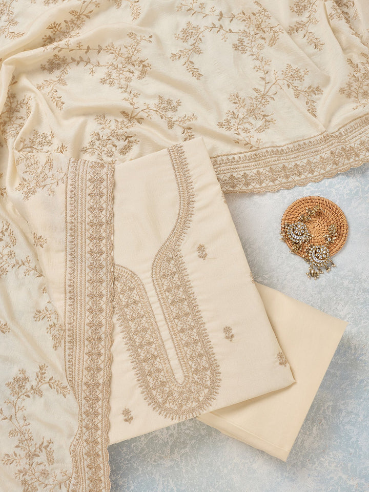 Off White Zariwork (Gold) Soft Raw Silk Unstitched Salwar Suit