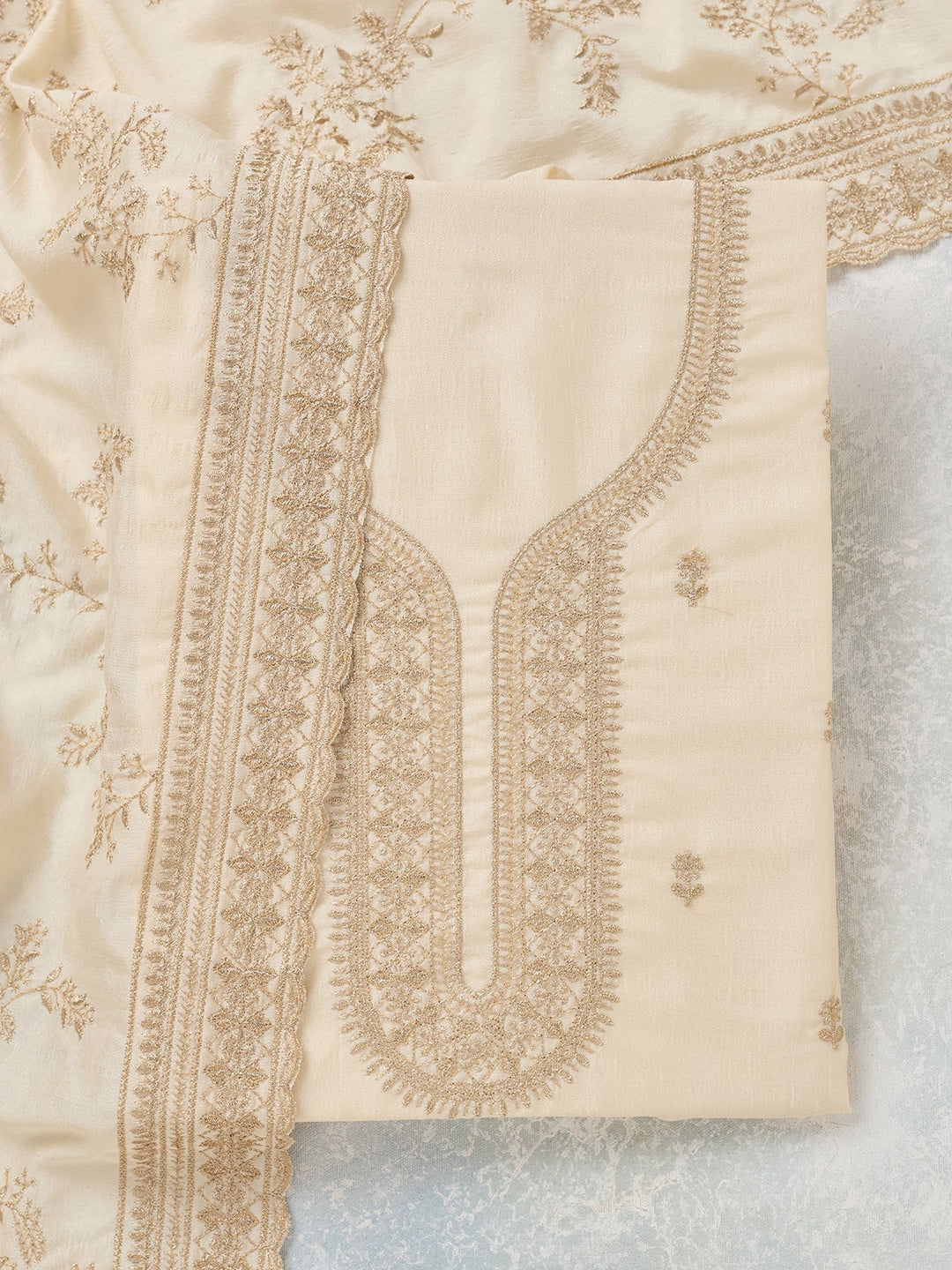 Off White Zariwork (Gold) Soft Raw Silk Unstitched Salwar Suit