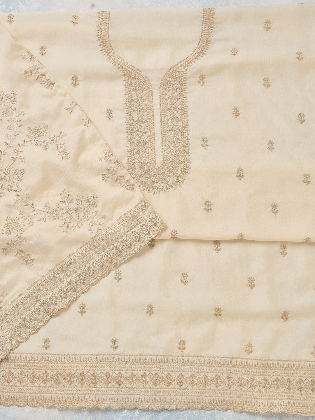 Off White Zariwork (Gold) Soft Raw Silk Unstitched Salwar Suit