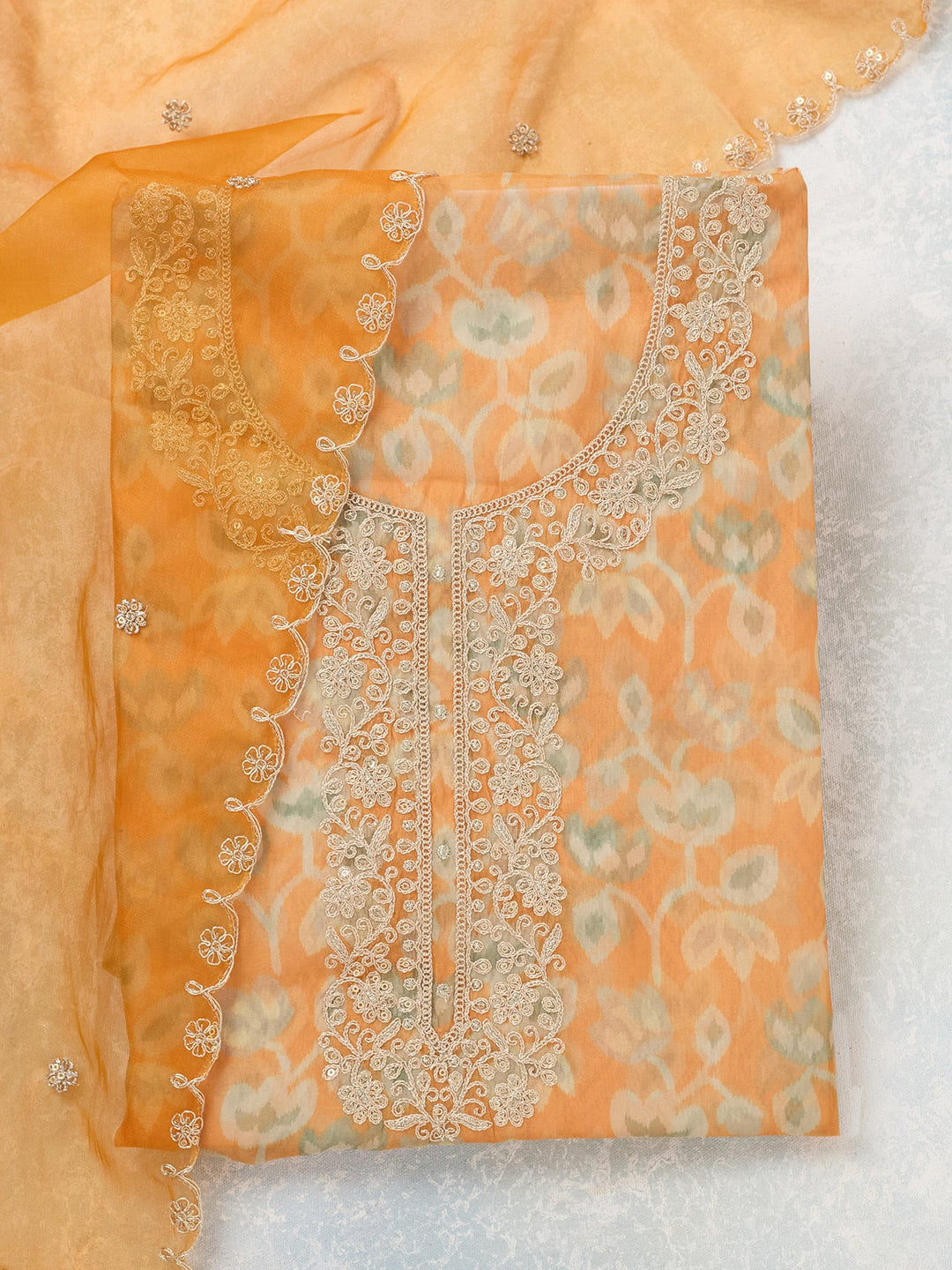 Mustard Threadwork Tissue Unstitched Salwar Suit