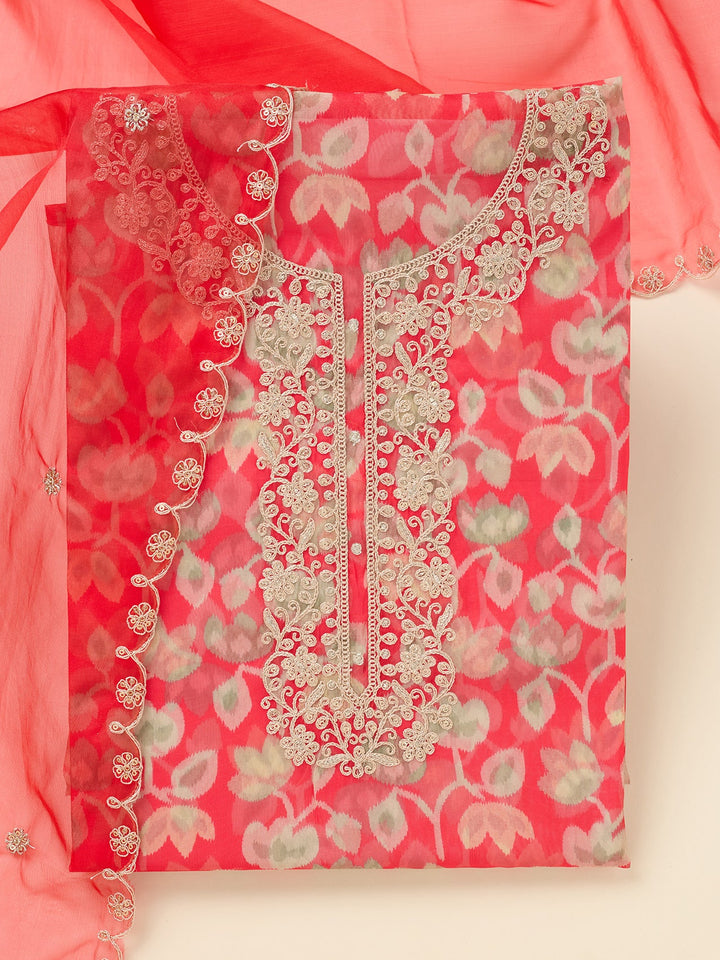 Red Threadwork Tissue Unstitched Salwar Suit