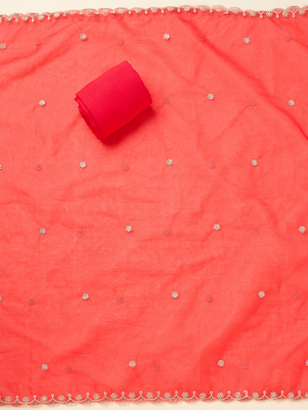 Red Threadwork Tissue Unstitched Salwar Suit