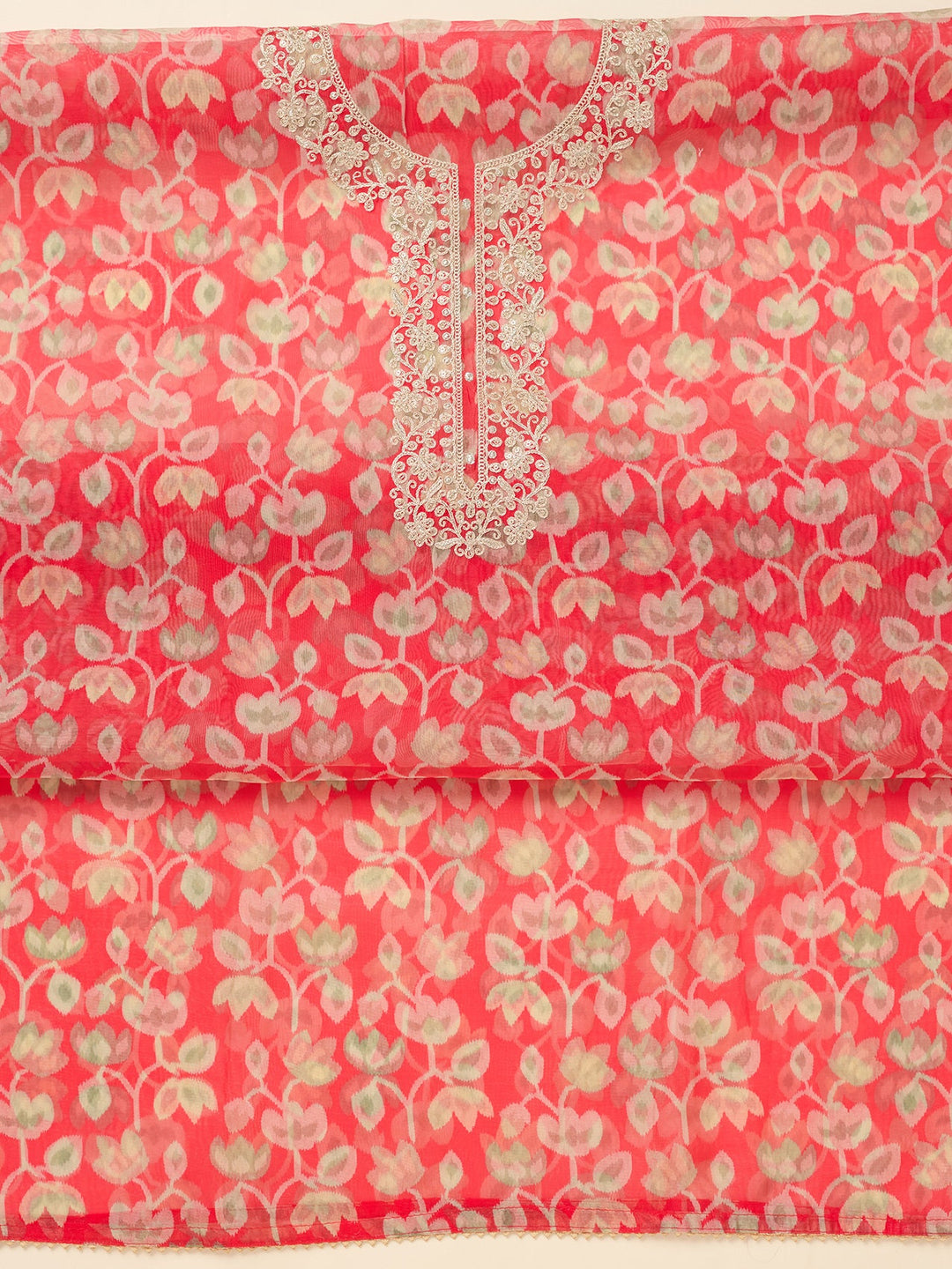 Red Threadwork Tissue Unstitched Salwar Suit