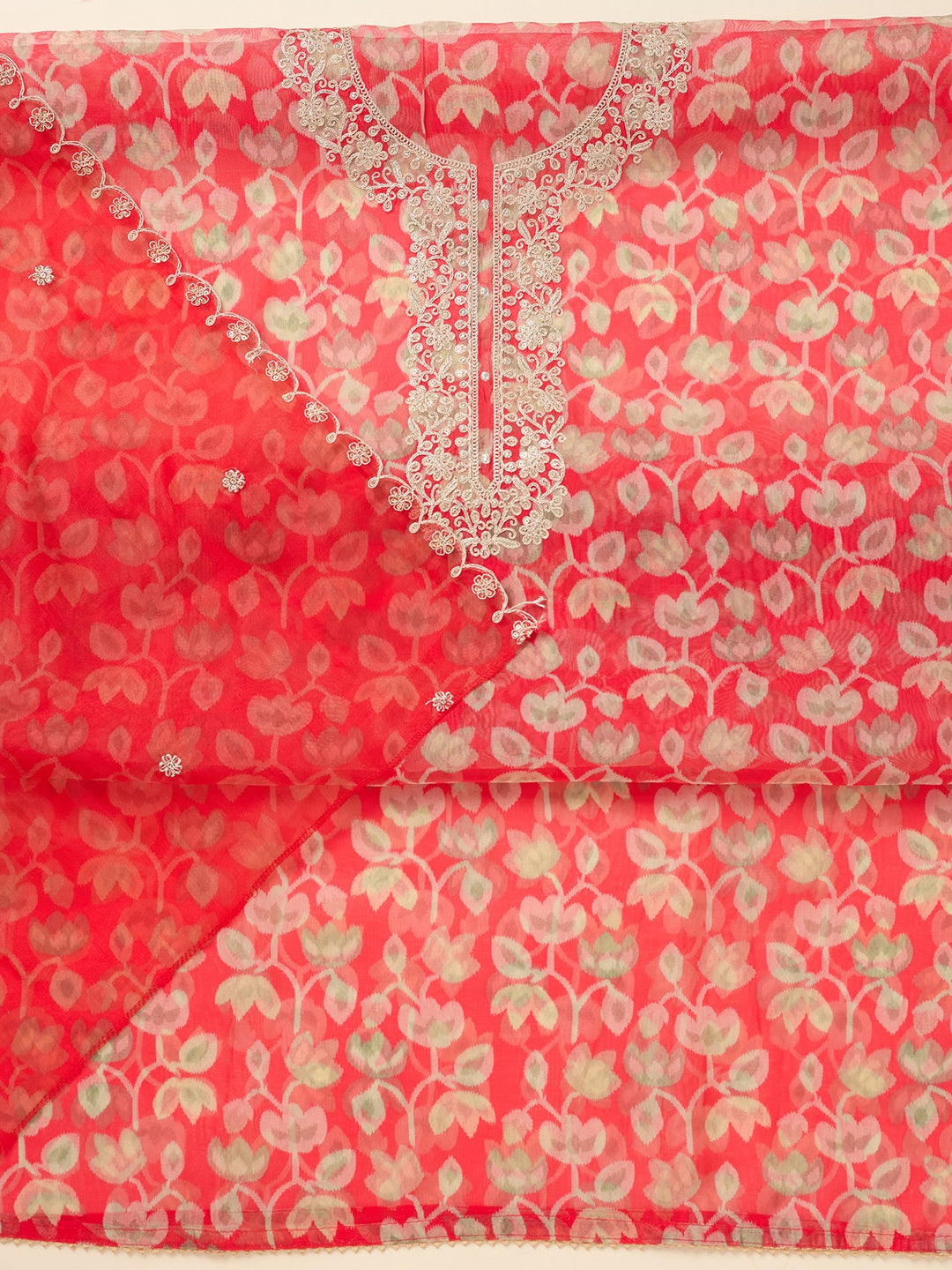 Red Threadwork Tissue Unstitched Salwar Suit