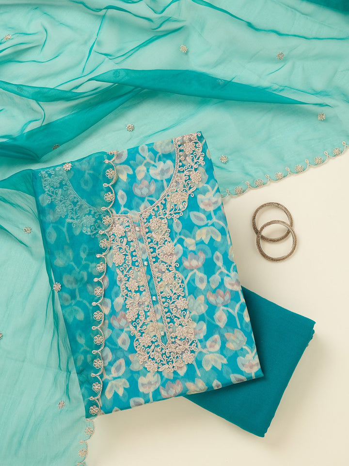 Turquoise Blue Threadwork Tissue Unstitched Salwar Suit