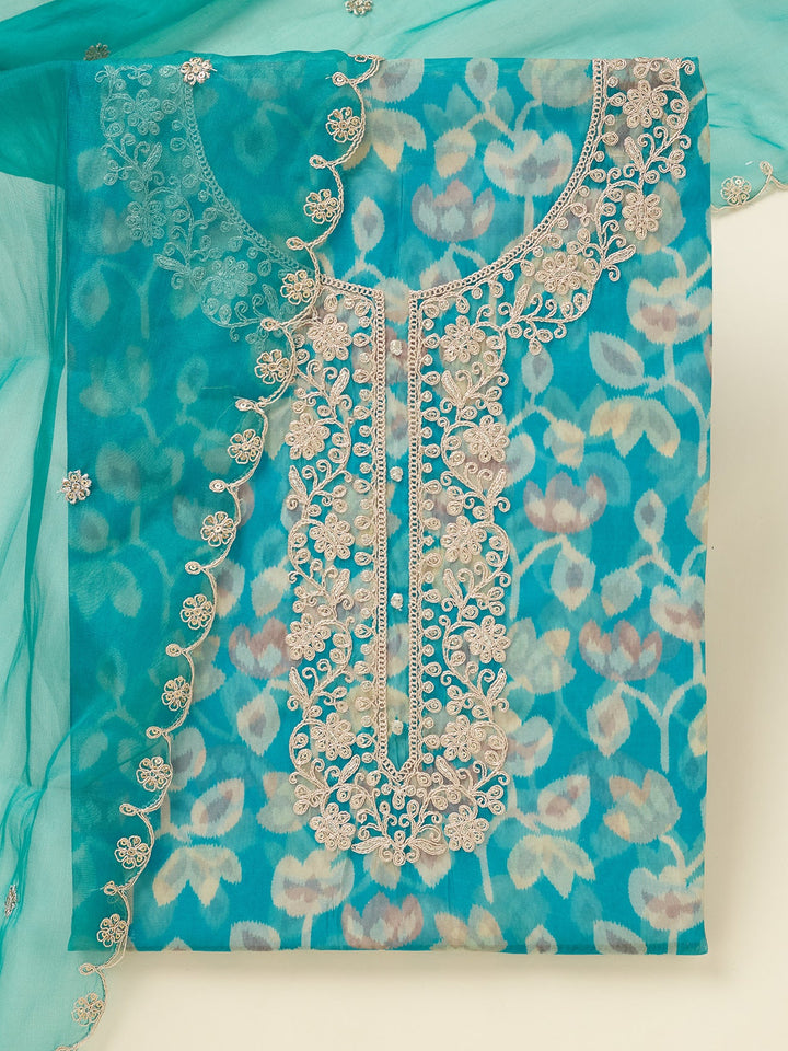 Turquoise Blue Threadwork Tissue Unstitched Salwar Suit