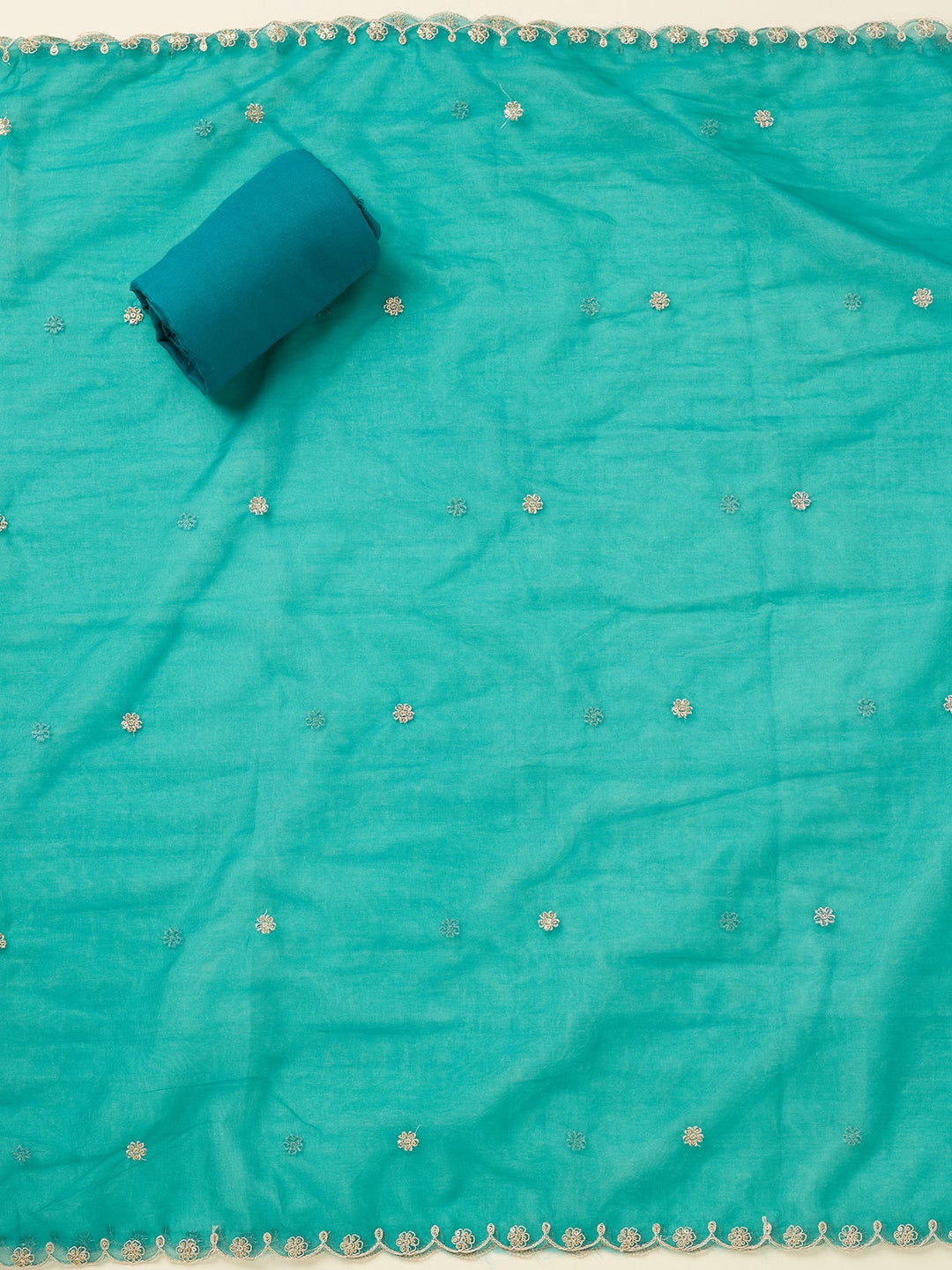 Turquoise Blue Threadwork Tissue Unstitched Salwar Suit