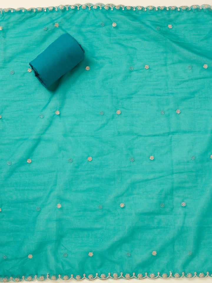 Turquoise Blue Threadwork Tissue Unstitched Salwar Suit