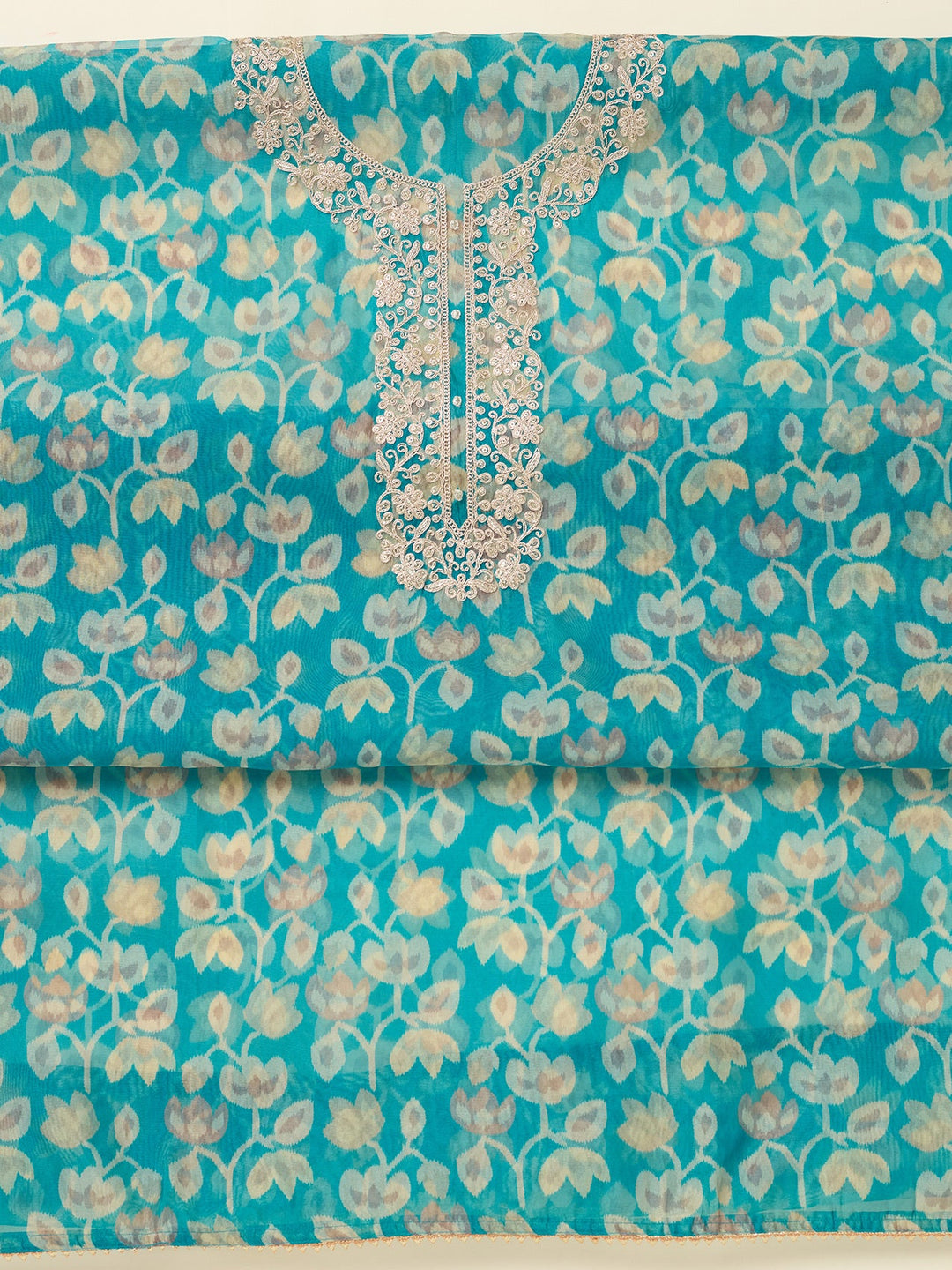 Turquoise Blue Threadwork Tissue Unstitched Salwar Suit