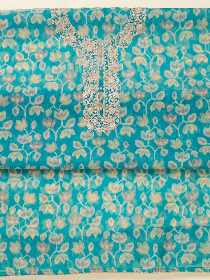 Turquoise Blue Threadwork Tissue Unstitched Salwar Suit