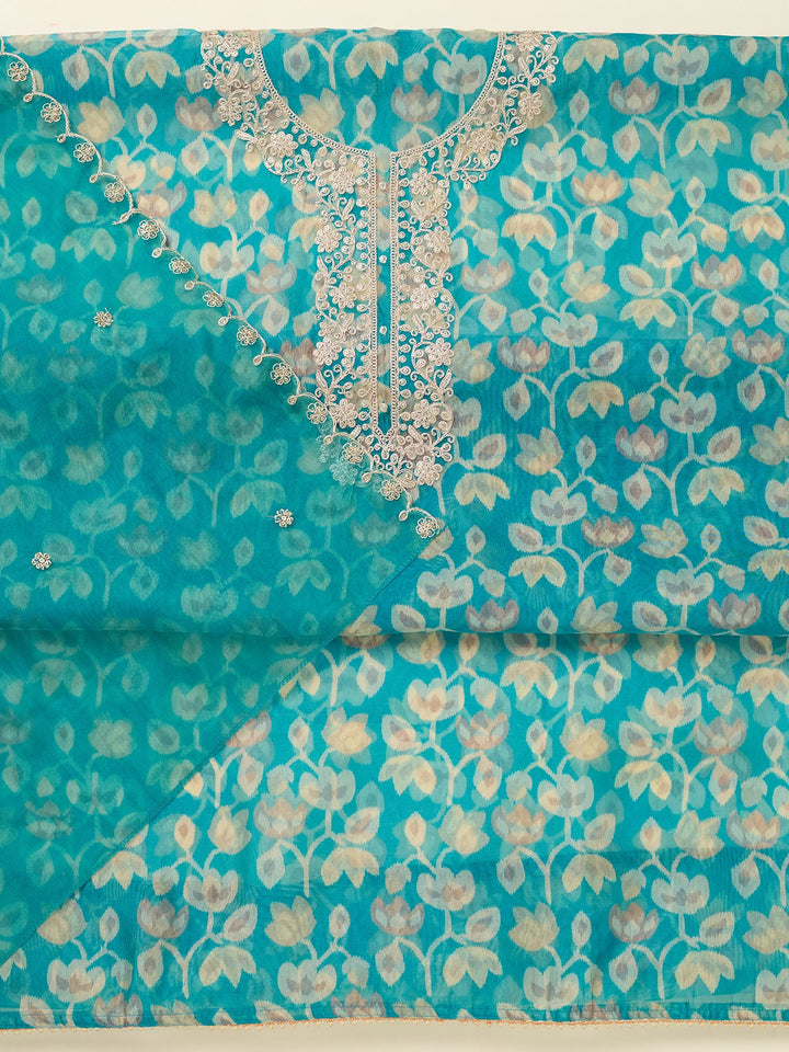 Turquoise Blue Threadwork Tissue Unstitched Salwar Suit