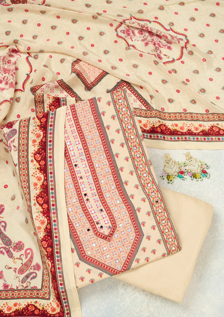 Cream Zariwork (Gold) Crepe Unstitched Salwar Suit