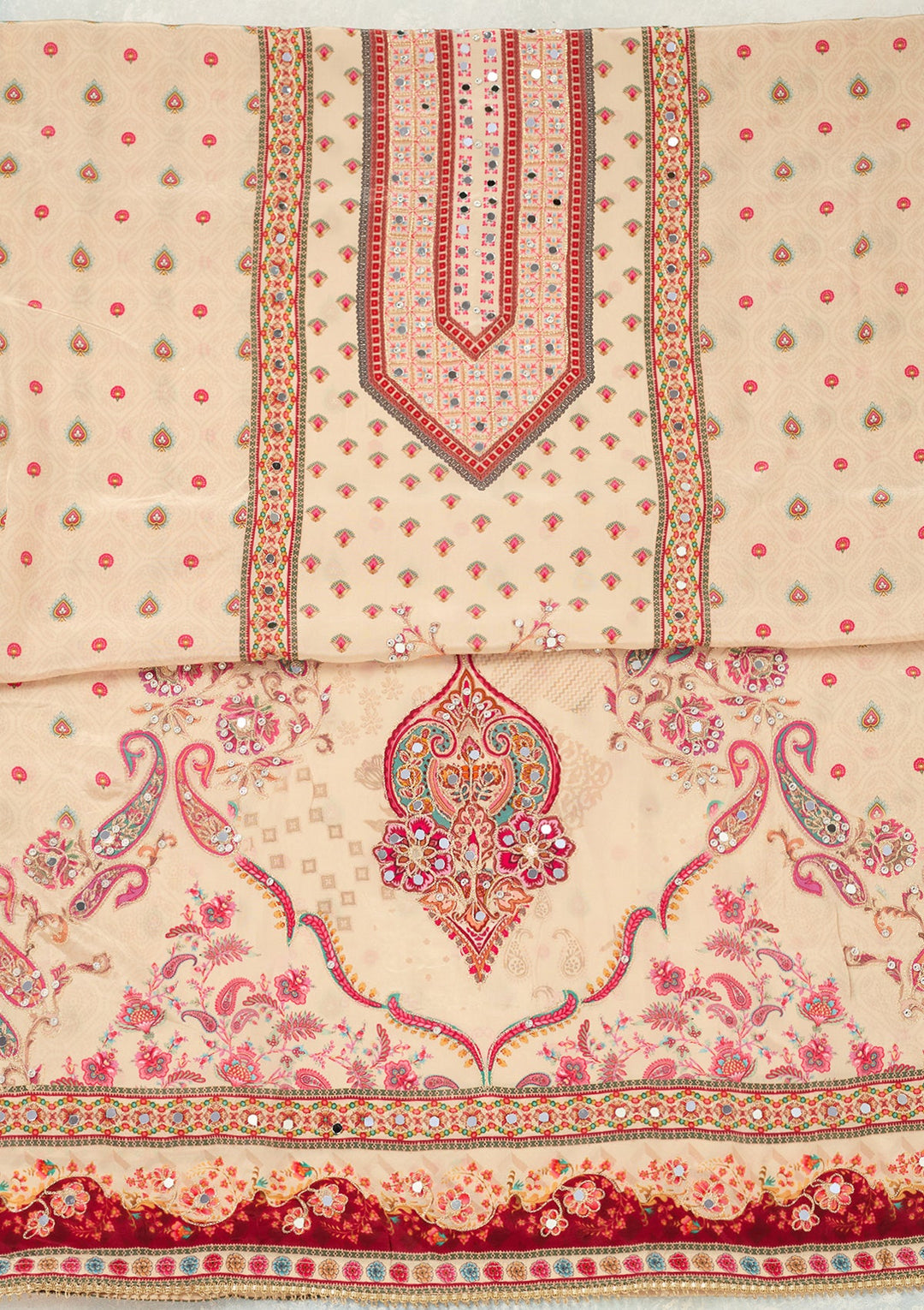 Cream Zariwork (Gold) Crepe Unstitched Salwar Suit