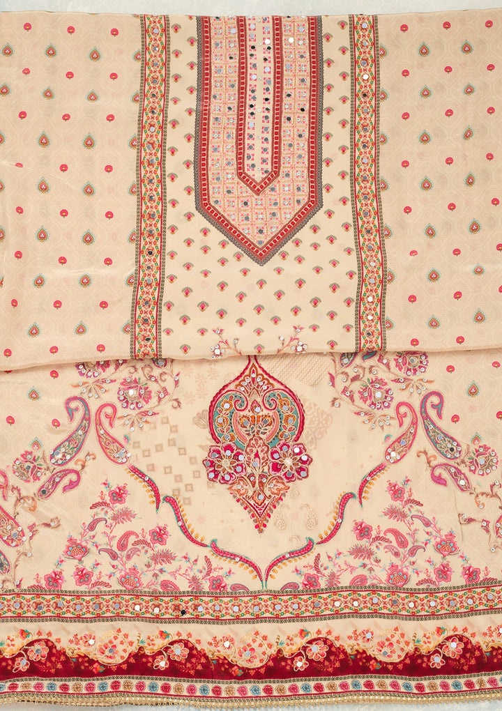 Cream Zariwork (Gold) Crepe Unstitched Salwar Suit