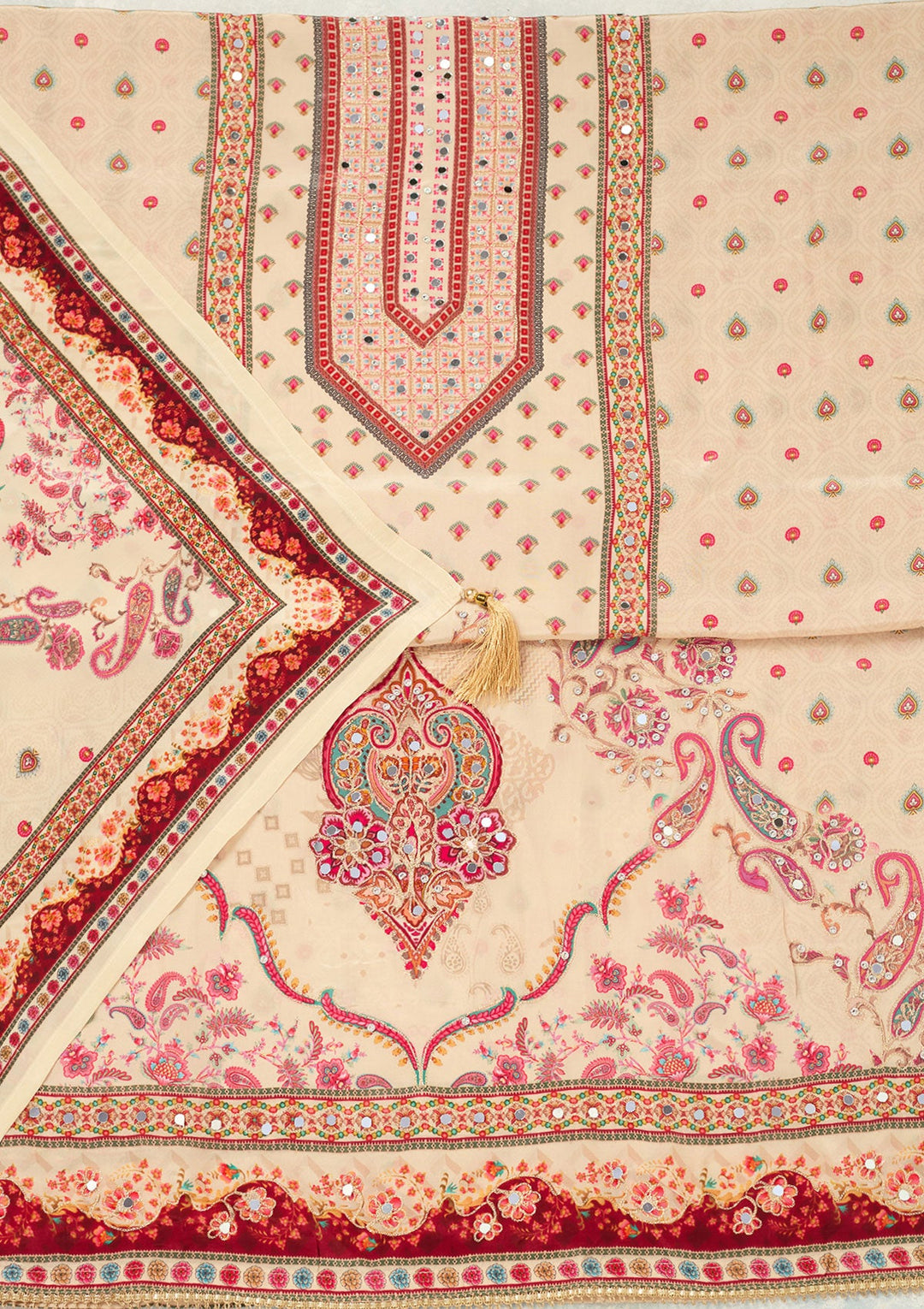 Cream Zariwork (Gold) Crepe Unstitched Salwar Suit