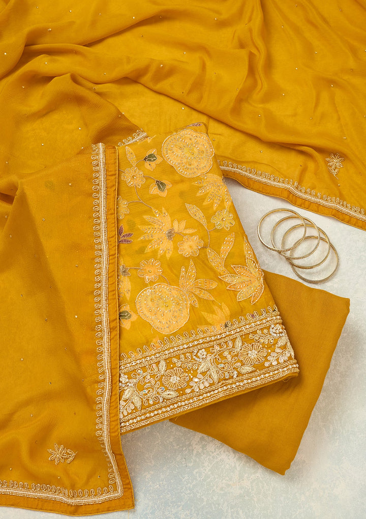 Mustard Cutdana Crepe Unstitched Salwar Suit