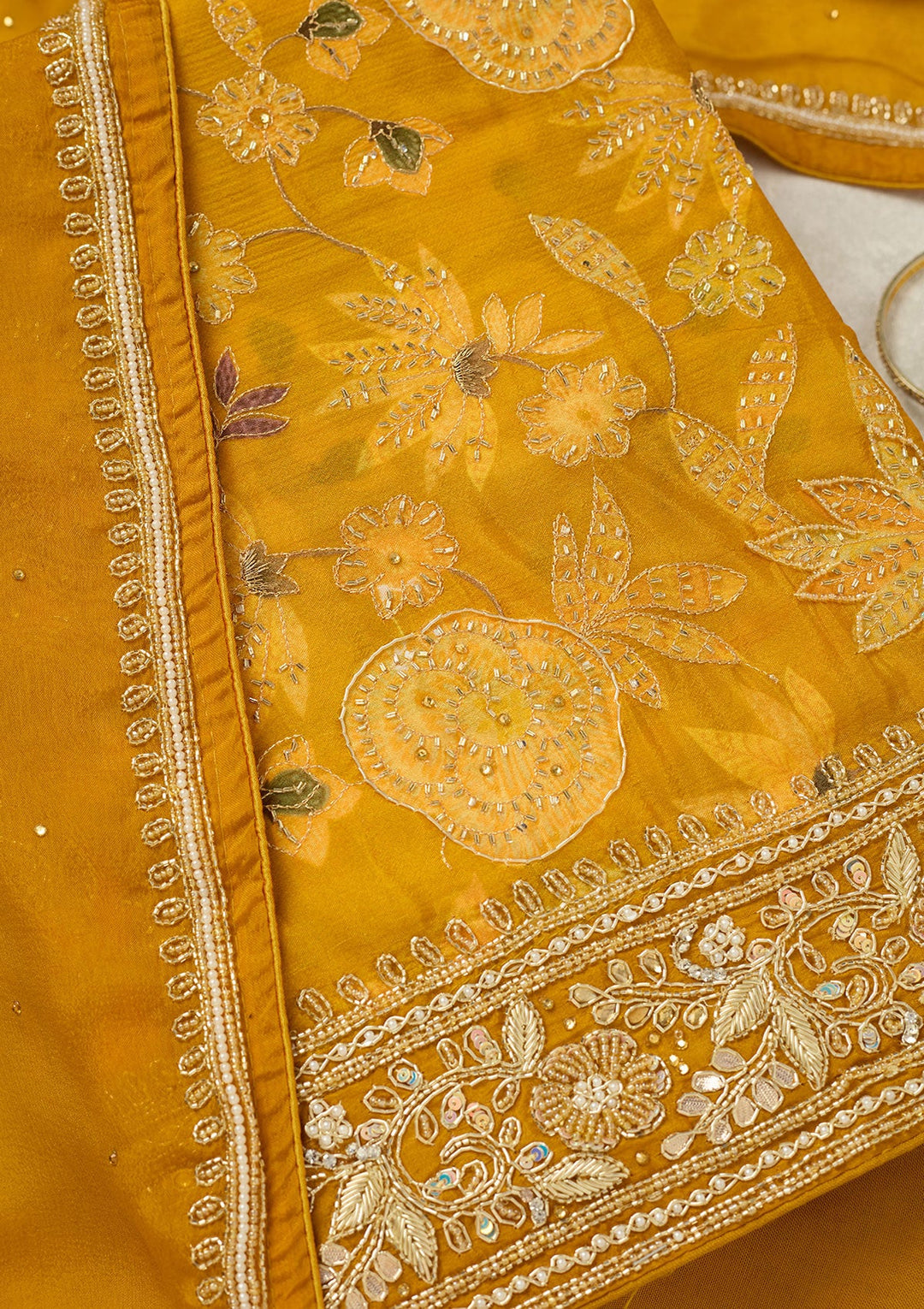 Mustard Cutdana Crepe Unstitched Salwar Suit