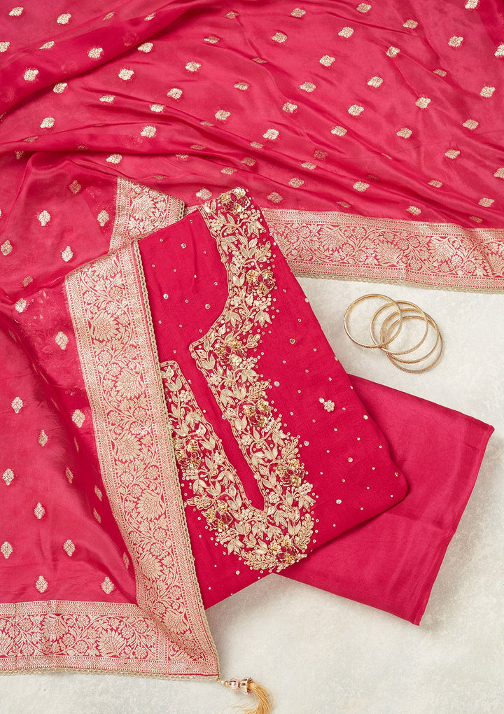 Rani Pink Cutdana Crepe Unstitched Salwar Suit