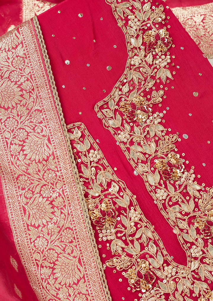 Rani Pink Cutdana Crepe Unstitched Salwar Suit