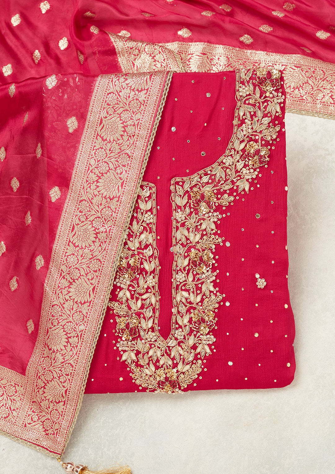 Rani Pink Cutdana Crepe Unstitched Salwar Suit