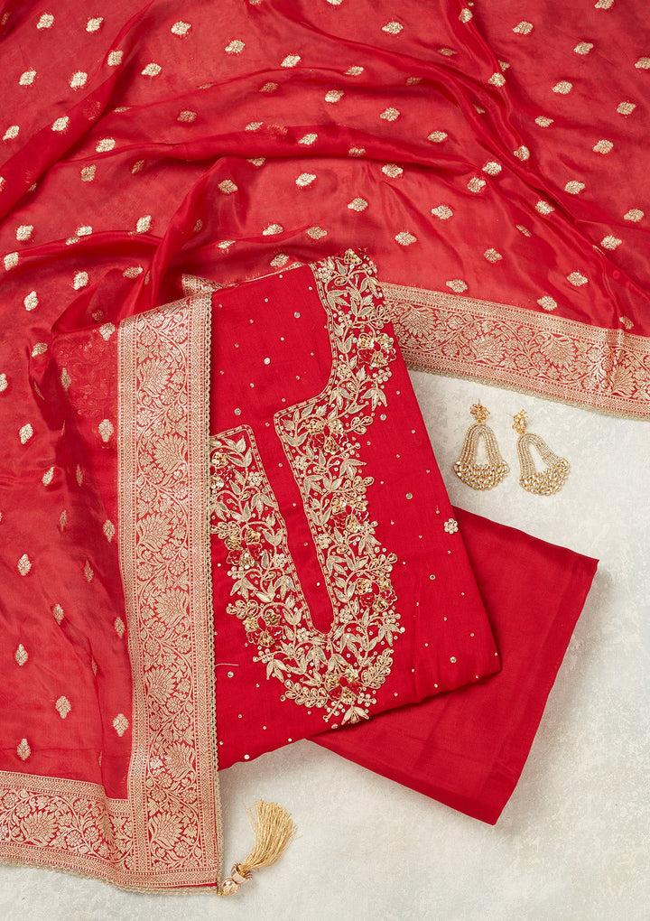 Red Cutdana Crepe Unstitched Salwar Suit