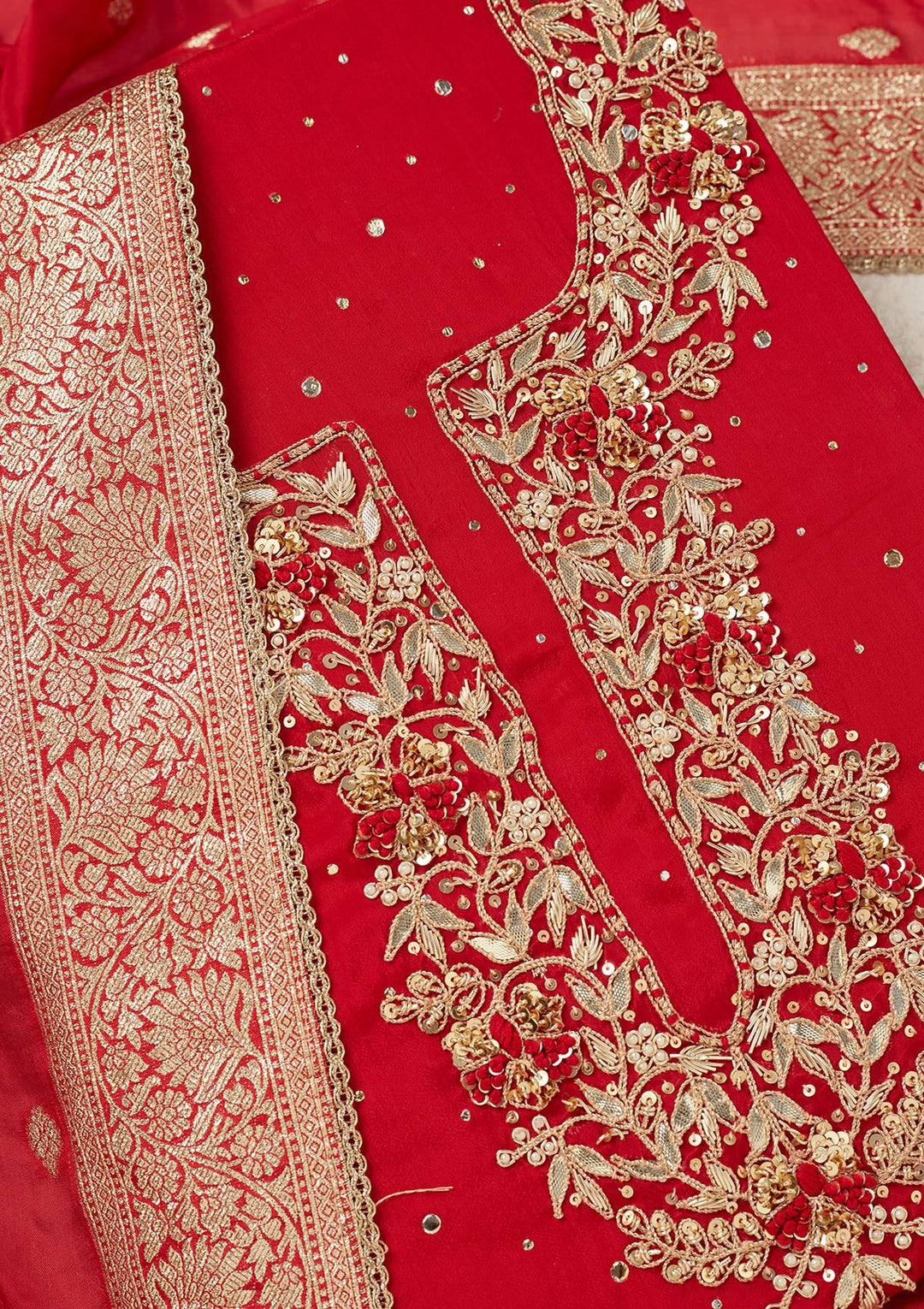 Red Cutdana Crepe Unstitched Salwar Suit