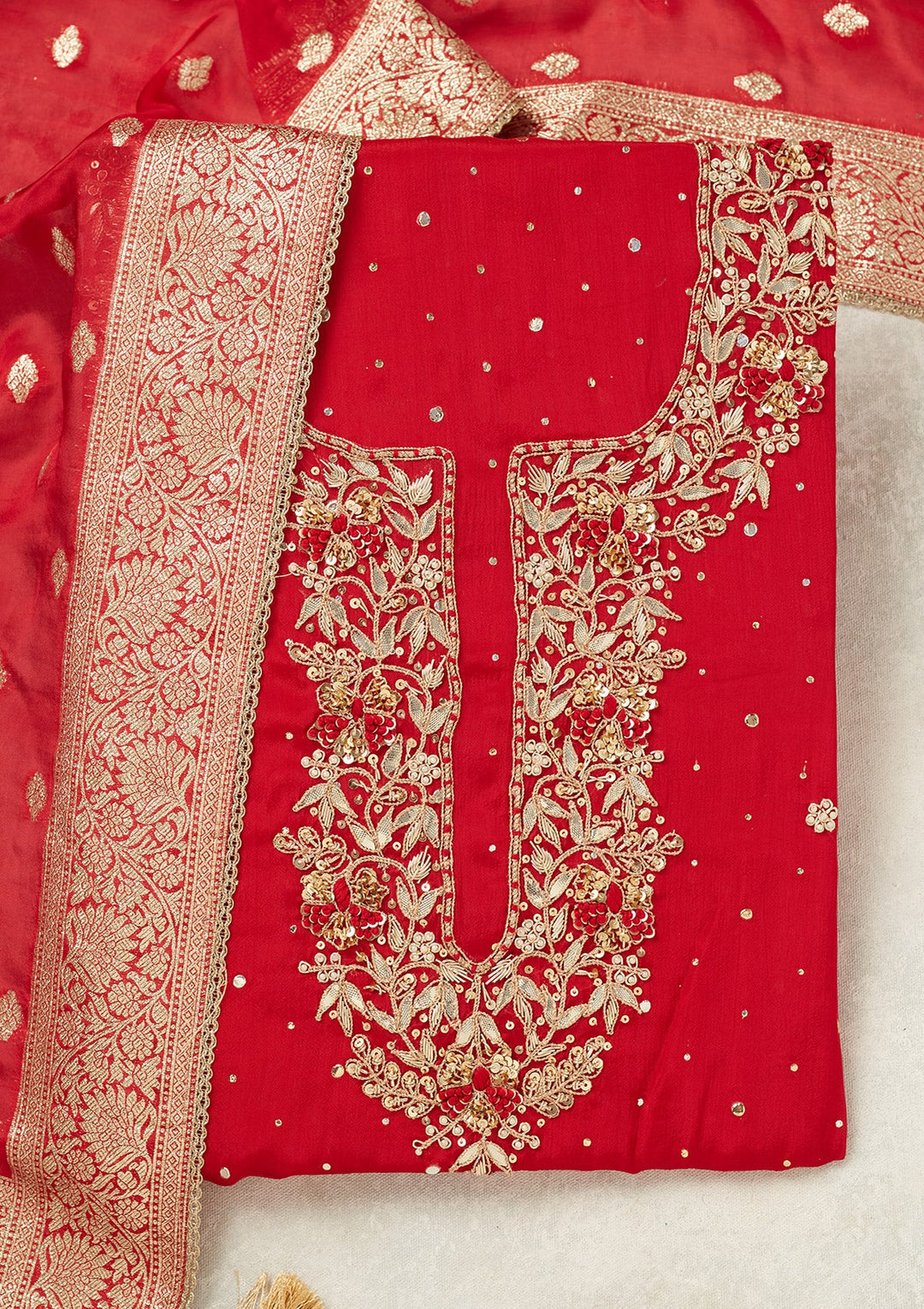 Red Cutdana Crepe Unstitched Salwar Suit