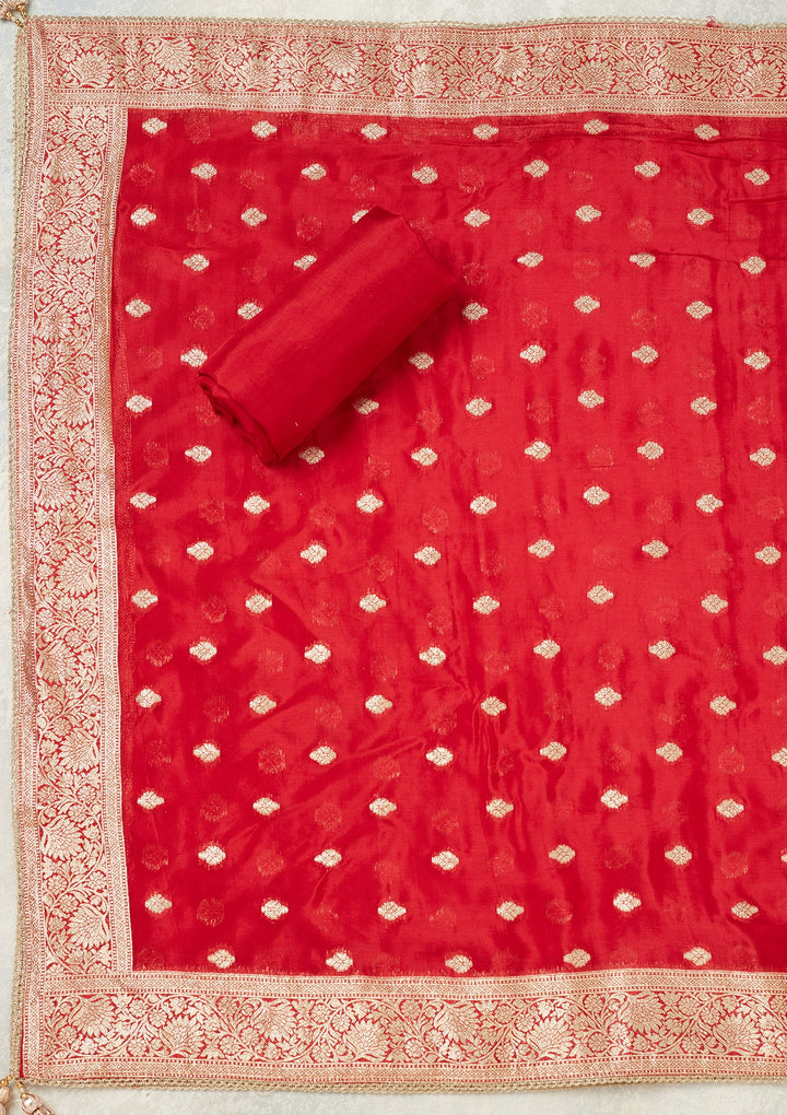 Red Cutdana Crepe Unstitched Salwar Suit